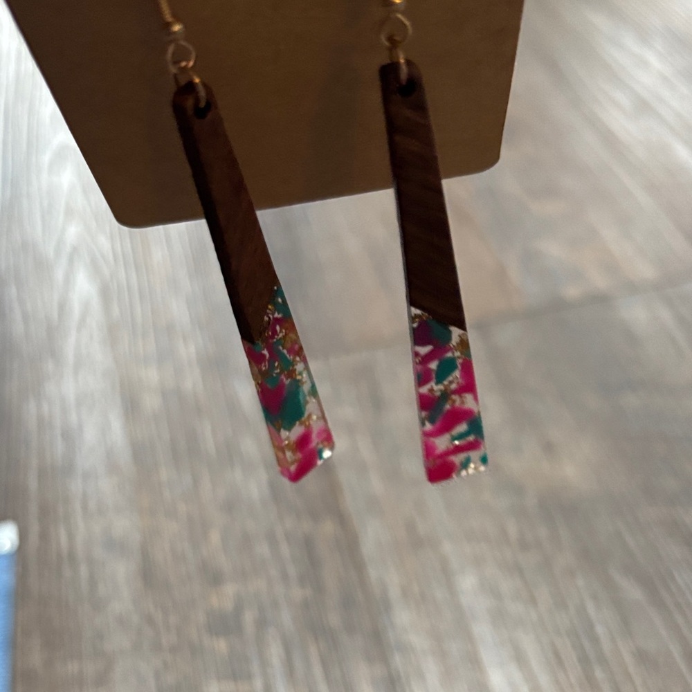 Wood and Resin Multicolor Dangle Earrings - Picture 4 of 6